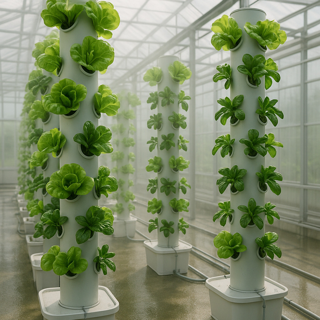 Sistema vertical de hidroponia Agroverso em estufa iluminada