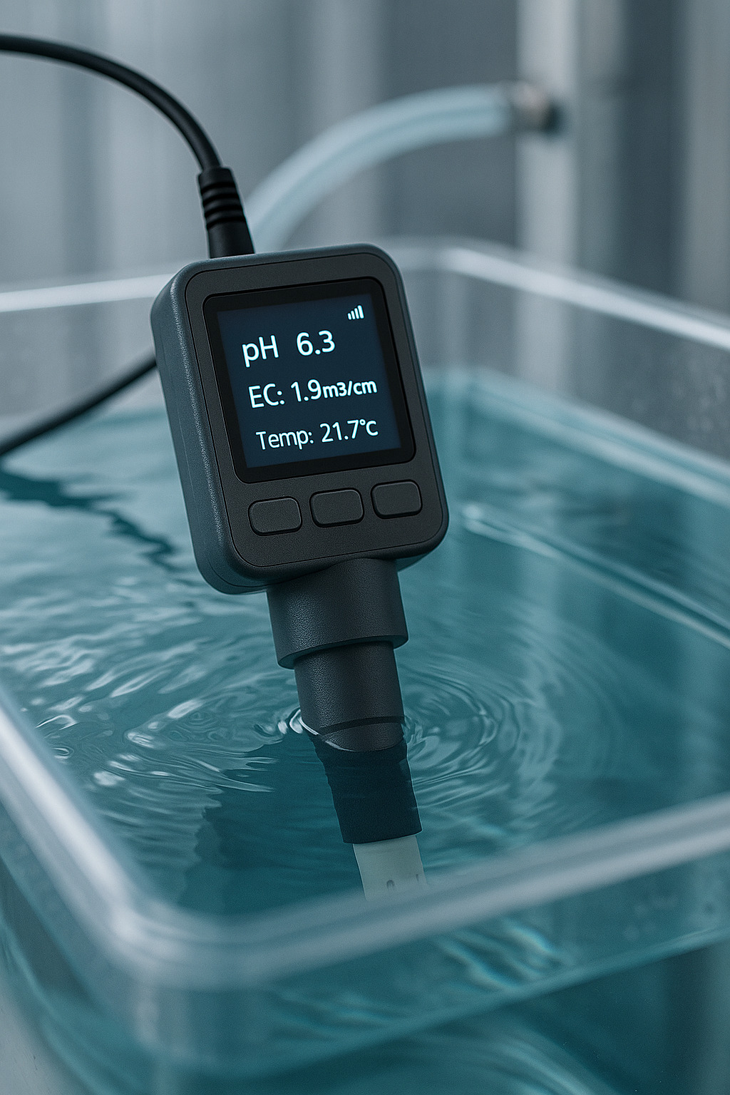 Sensores de pH e EC inseridos em reservatório de nutrientes