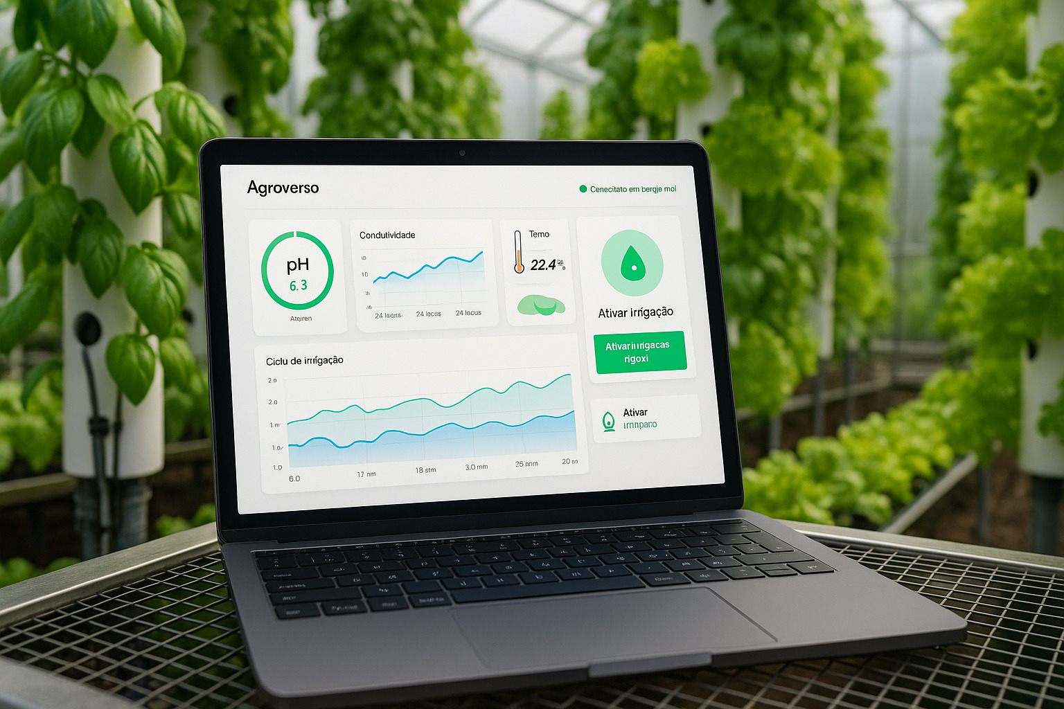 Painel de monitoramento Agroverso exibindo níveis de nutrientes e temperatura