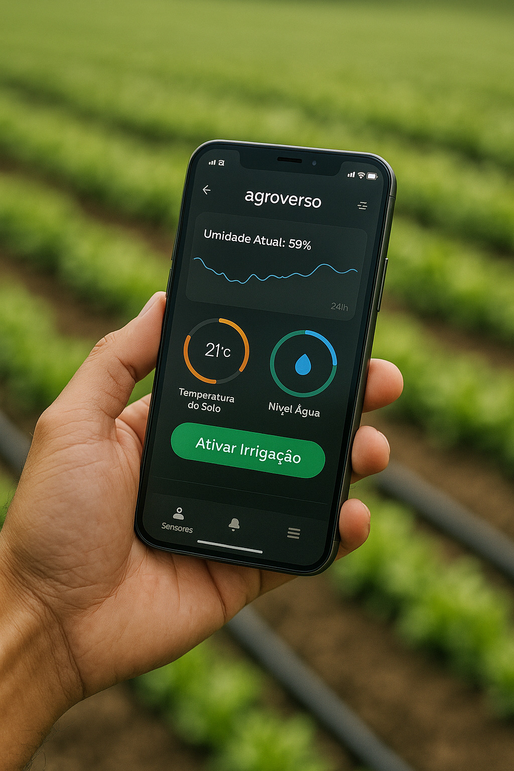 Painel web Agroverso exibindo níveis de umidade e temperatura